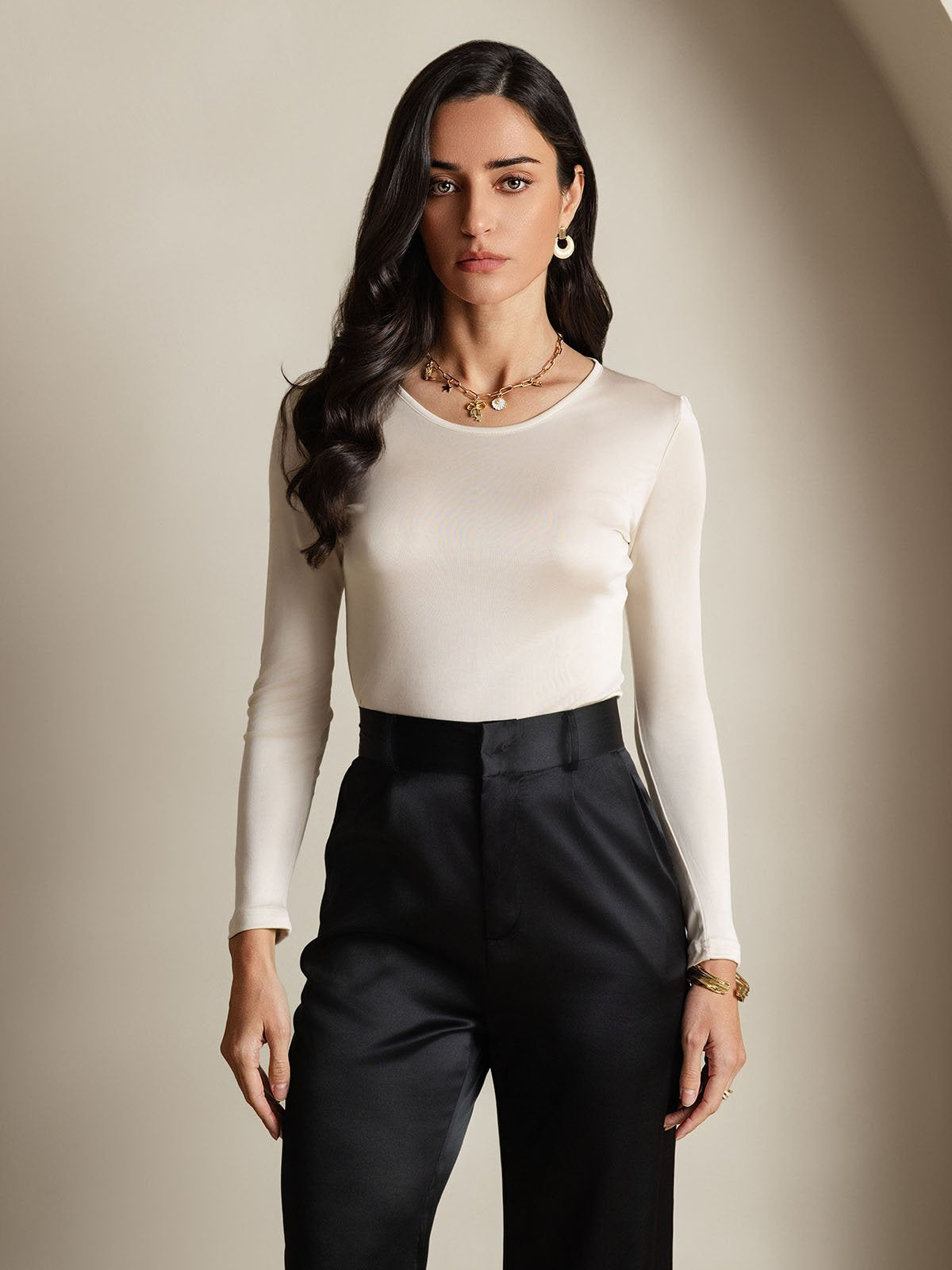 [Beige] SilkSilky-ES Manga larga Cuello Redondo Camisetas de Mujer 001