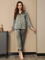 [Verde Grisáceo] SilkSilky-ES Seda Pura Manga larga Womens Pajamas 003