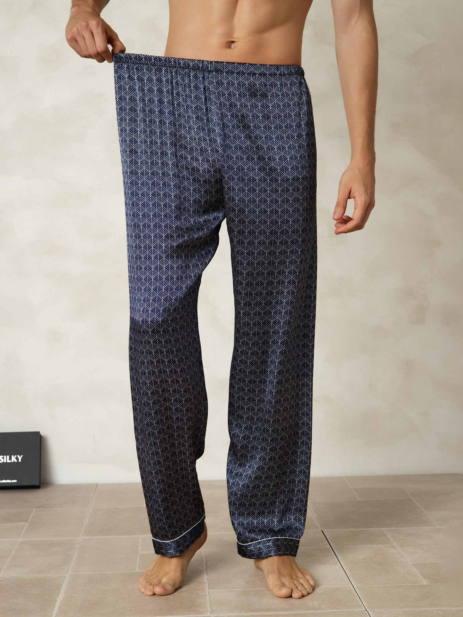 [Ginkgo Azul Marino] SilkSilky-ES Seda Pura Mens Sleep Bottoms 003