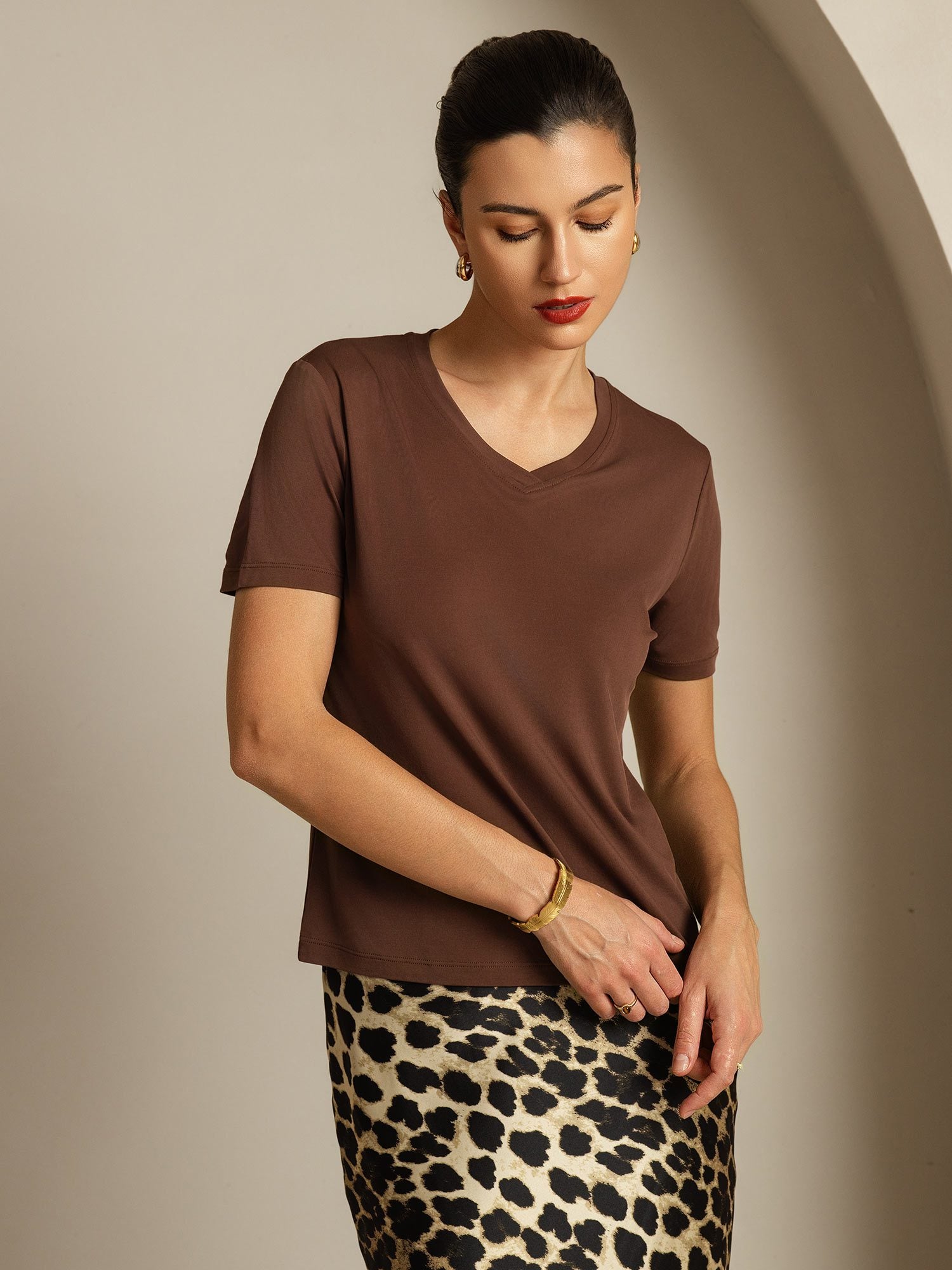 [Café] SilkSilky-ES Seda Pura Cuello en V Camisetas de Mujer 006