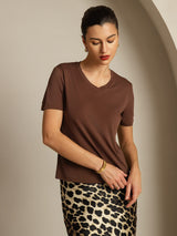 [Café] SilkSilky-ES Short Sleeve V Neck Camisetas de Mujer 006