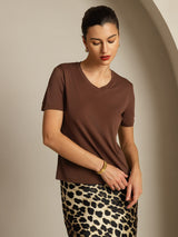 [Café] SilkSilky-ES Short Sleeve V Neck Camisetas de Mujer 006