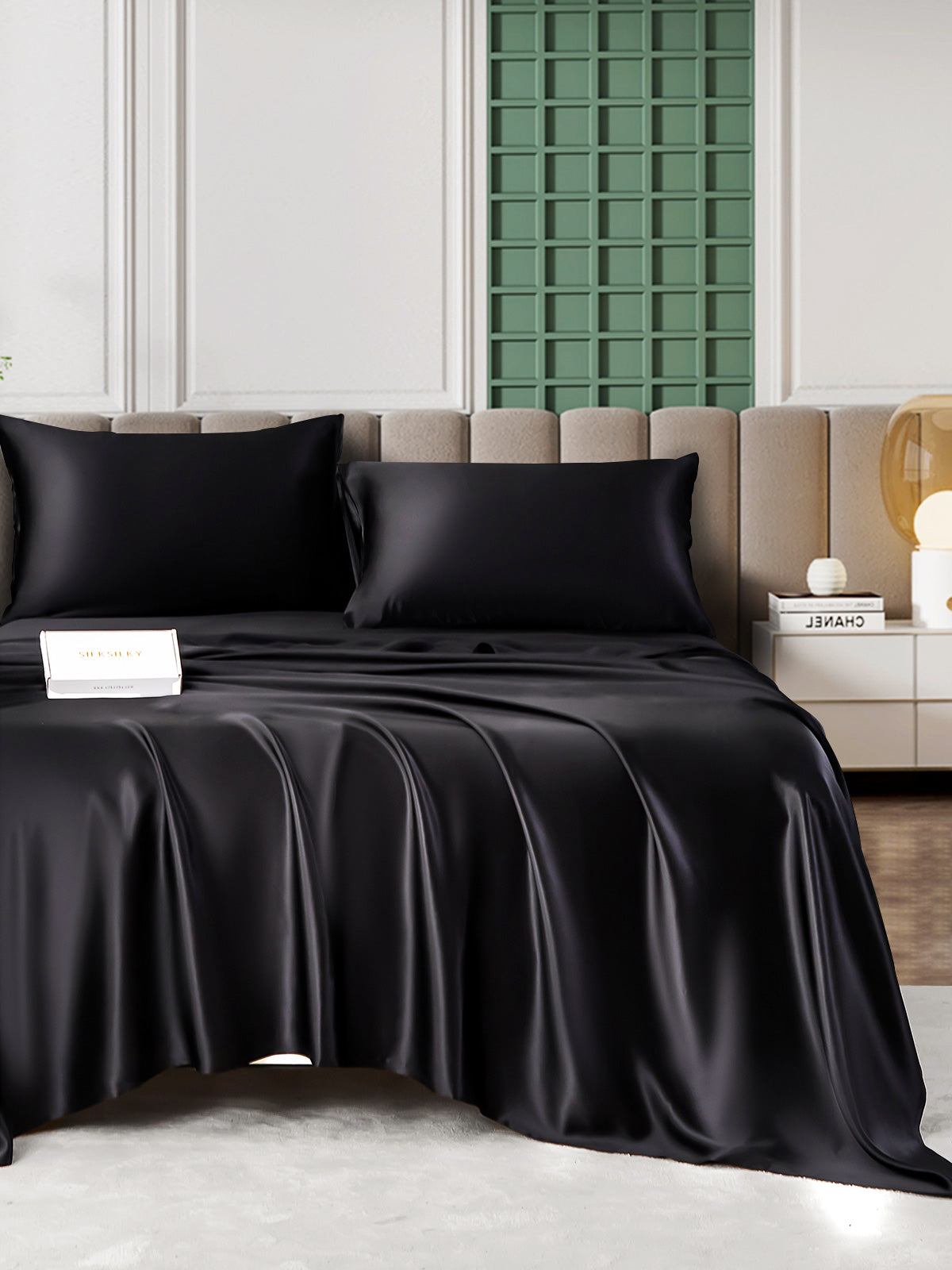 [Negro] SilkSilky-ES 25Momme Seda Pura Bedding Set 001