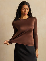 [Café] SilkSilky-ES Long Sleeve Crew Neck Camisetas de Mujer 007