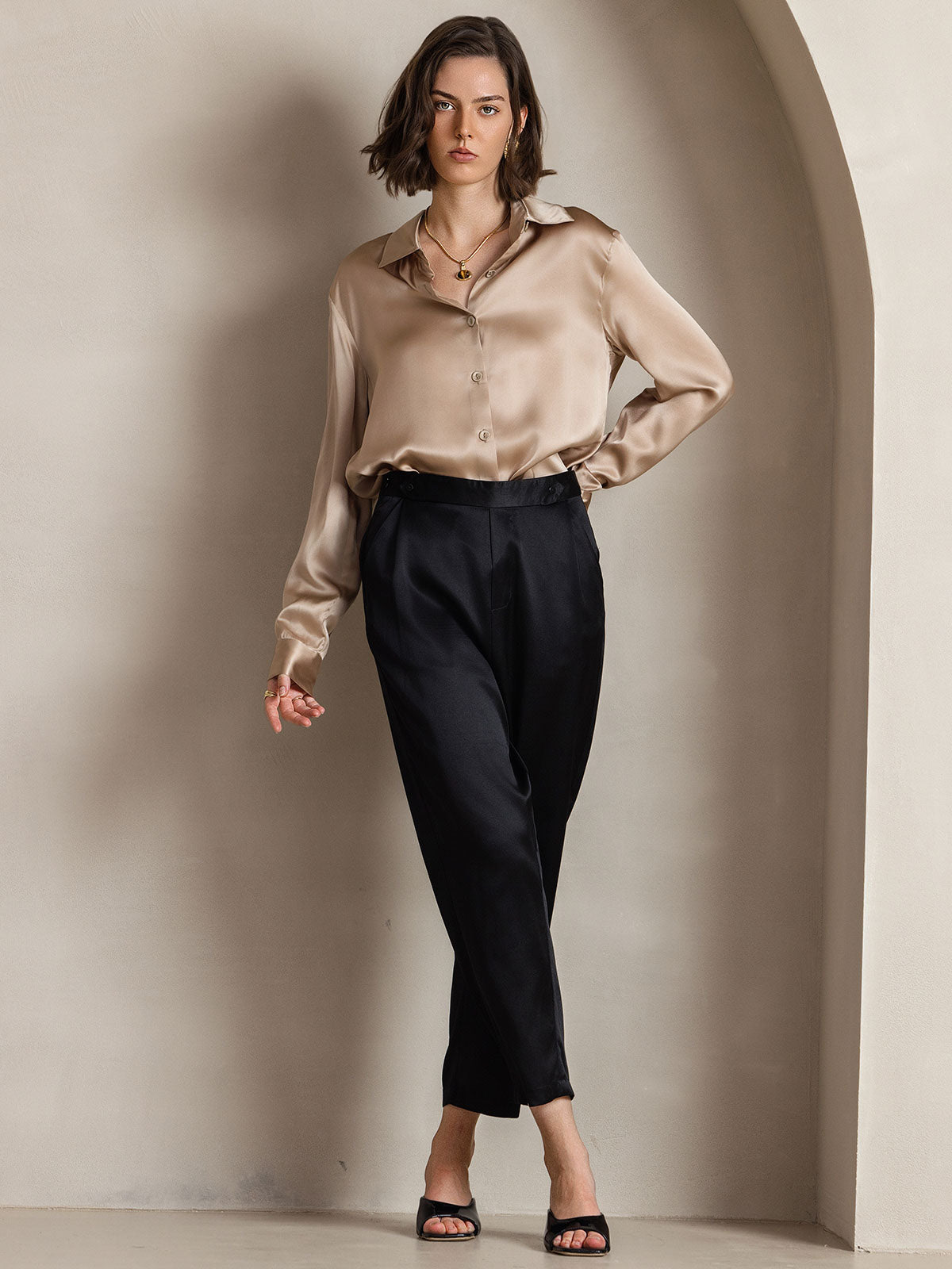 [Champán] SilkSilky-ES Seda Lapel Collar Blusas de Mujer 006
