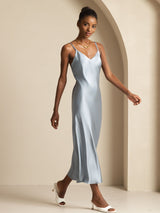 [Azul Grisáceo] SilkSilky-ES Spaghetti Strap V Neck Vestido 004