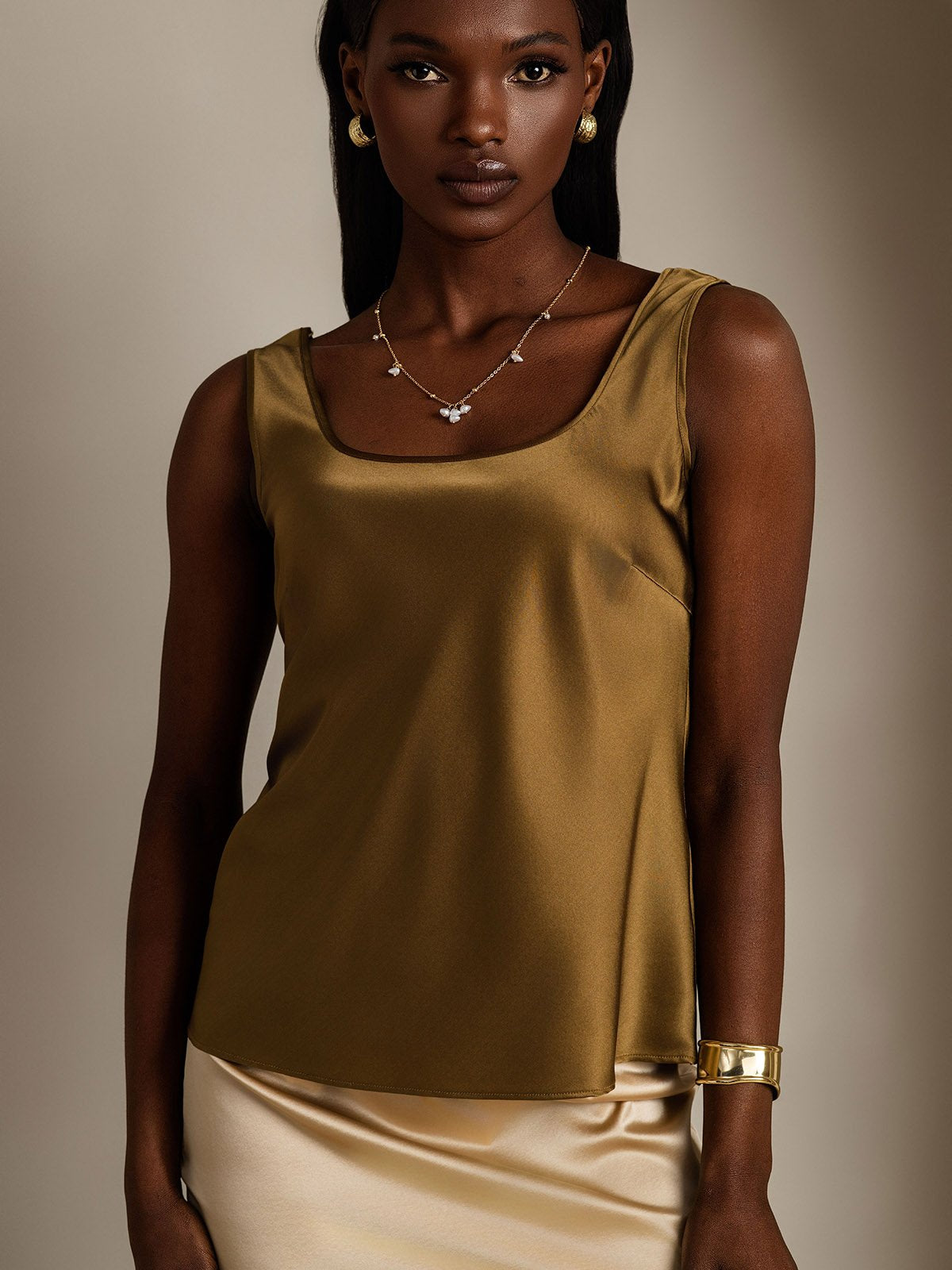 [Marrón] SilkSilky-ES 19Momme Seda Cuello en U Top de tirantes 004