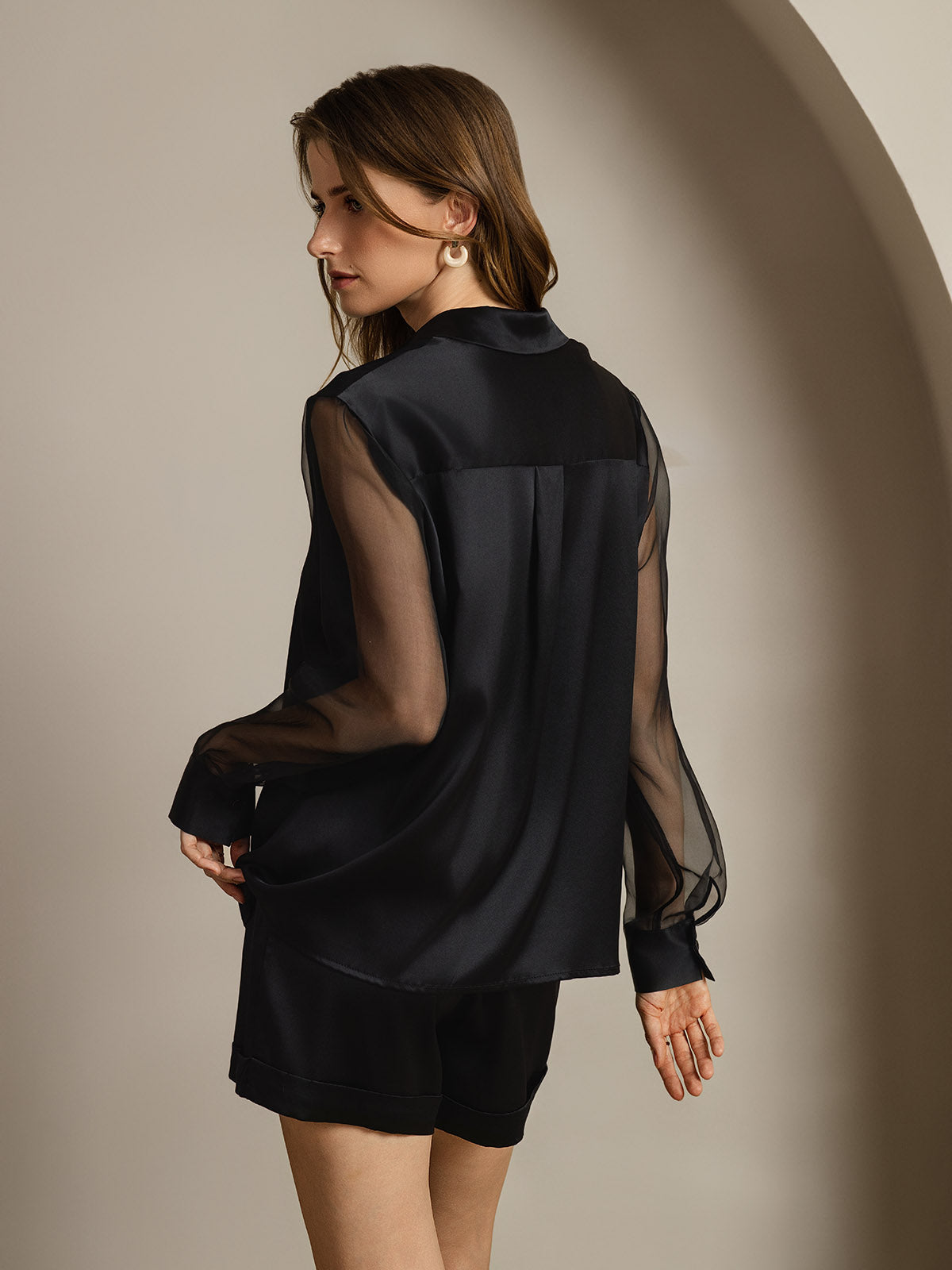 [Negro] SilkSilky-ES 19Momme Seda Lapel Collar Blusas de Mujer 002