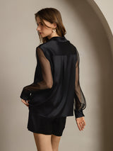 [Negro] SilkSilky-ES Long Sleeve Lapel Collar Blusas de Mujer 002