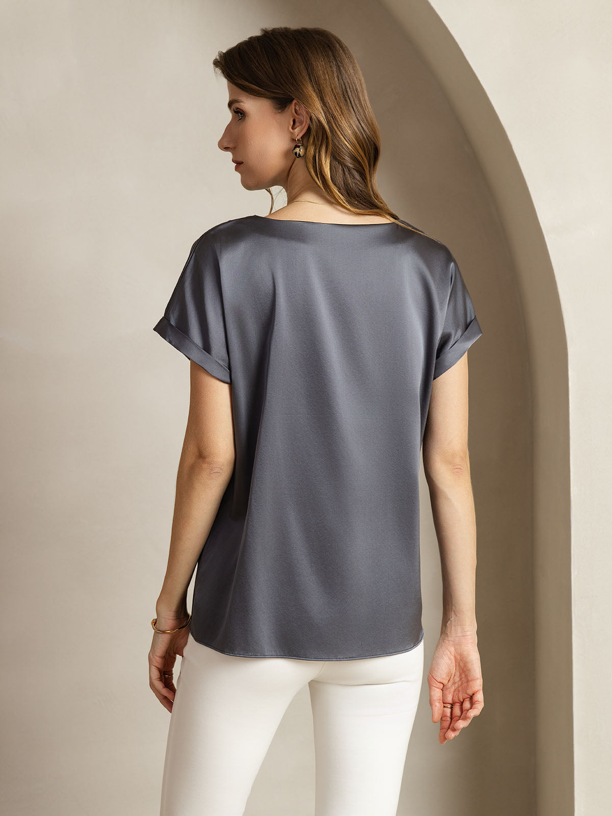 [Gris Oscuro] SilkSilky-ES 19Momme Manga corta Cuello Barco Camisetas de Mujer 002