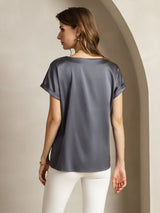 [Gris Oscuro] SilkSilky-ES 19Momme Manga corta Cuello Barco Camisetas de Mujer 002