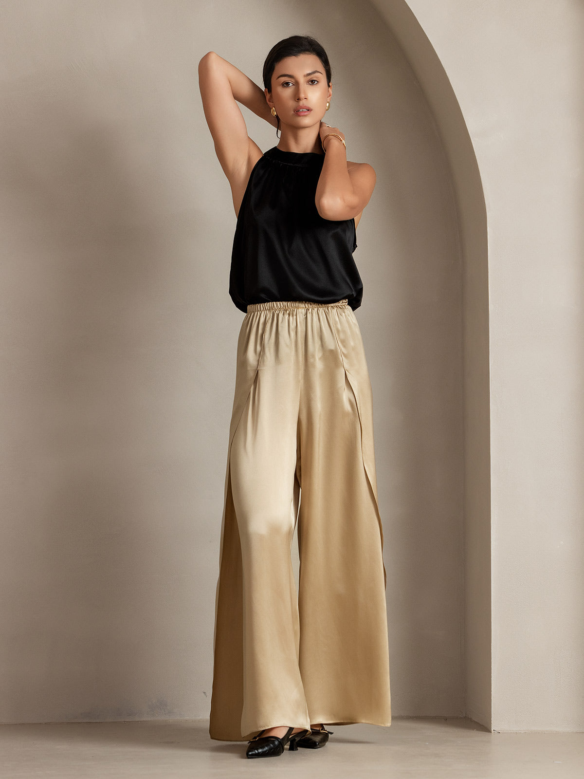 [Champán] SilkSilky-ES 19Momme Seda Split Pantalones de mujer 011