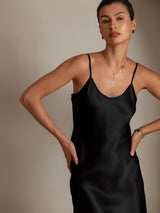 [Negro] SilkSilky-ES Spalline Sottili Cuello en V Vestido 003