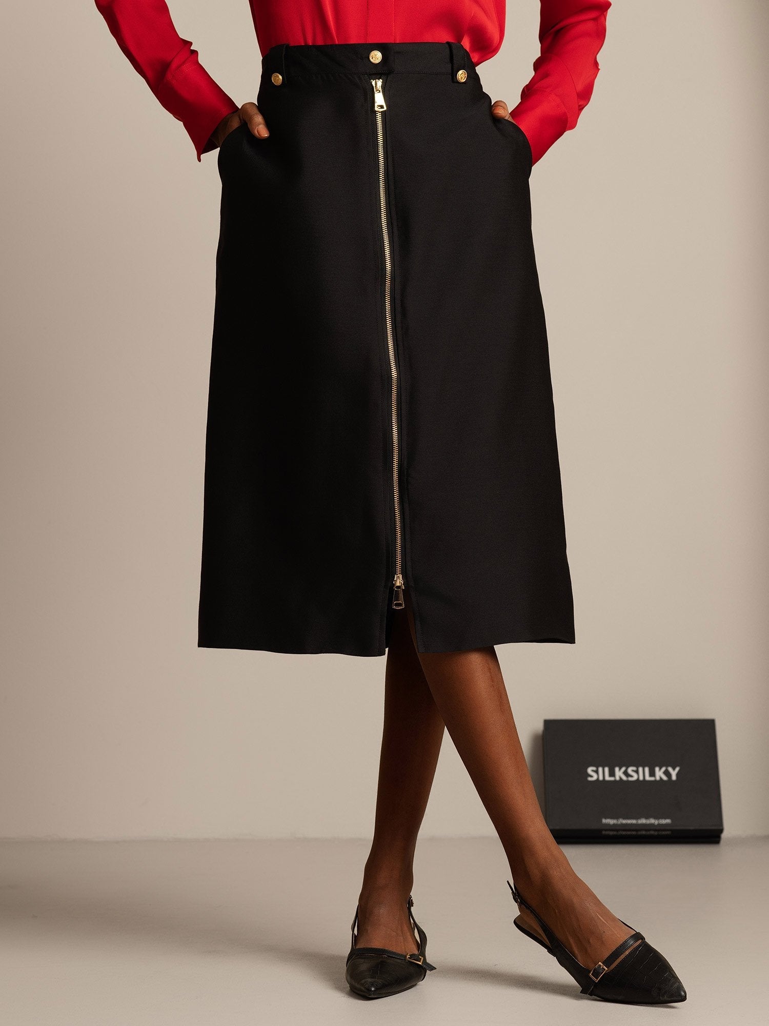 [Negro] SilkSilky-ES 32Momme Silk-Wool Blend Skirt 001,