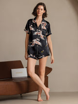 [Negro] SilkSilky-ES Short Sleeve Lapel Collar Pijamas de mujer 006