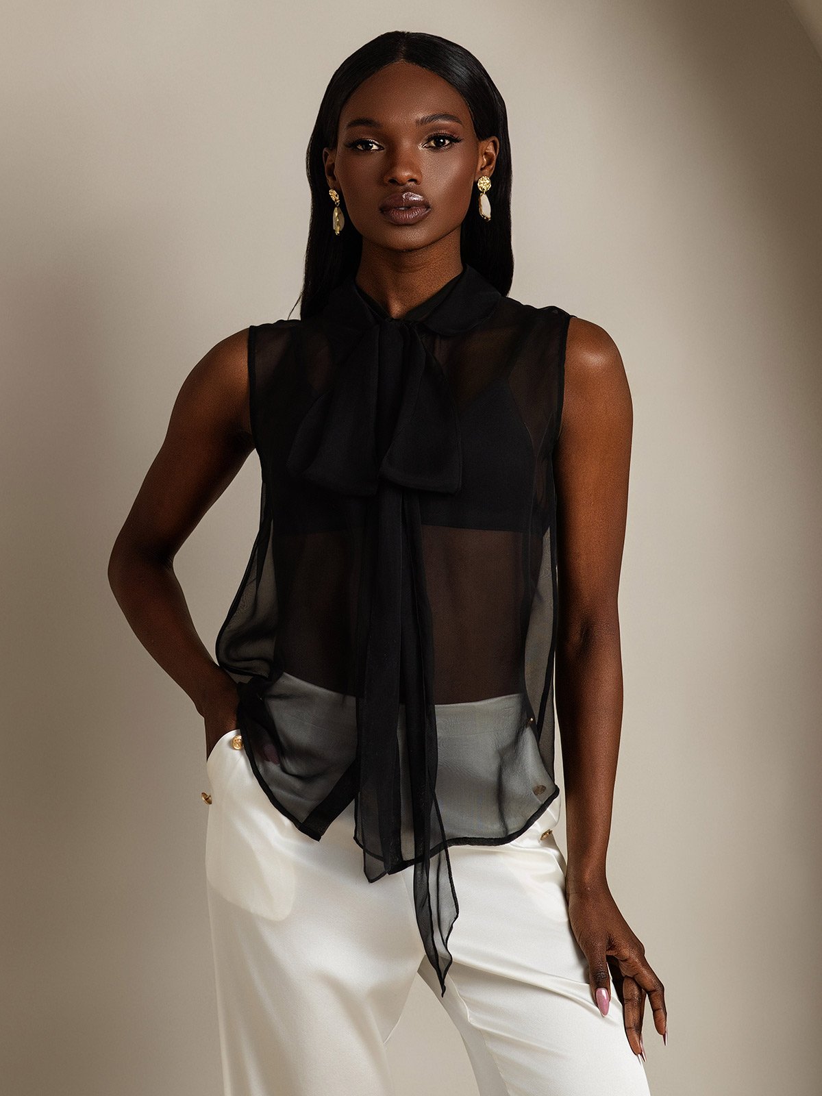 SilkSilky-ES Seda Pura Sin mangas Corbata Blusas de Mujer Negro 004