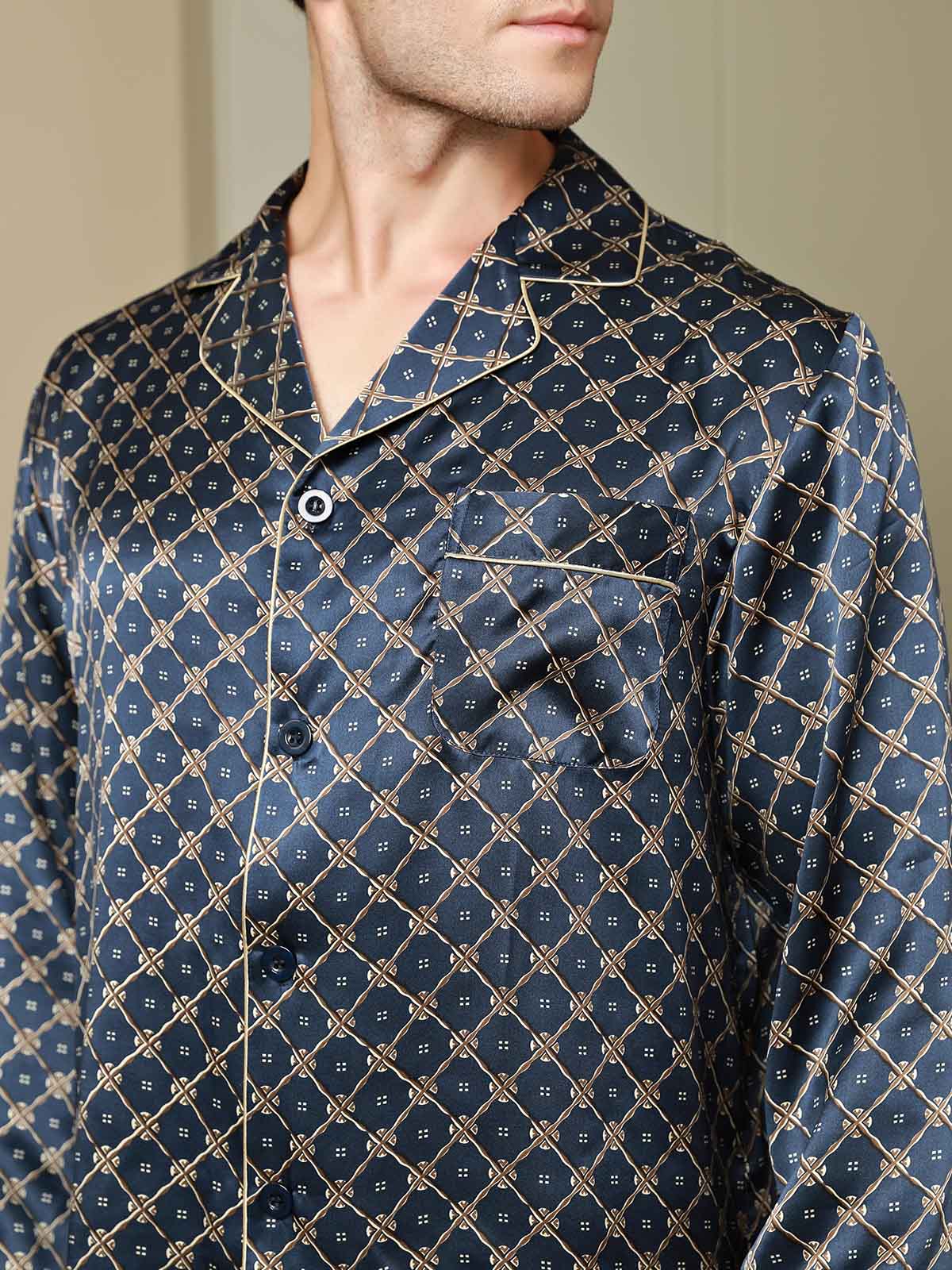 [Cadena Azul Marino] SilkSilky-ES Seda Pura Mens Pajamas 009