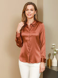 SilkSilky-ES Seda Manga larga Cuello Camisero Blusas de Mujer Café 006