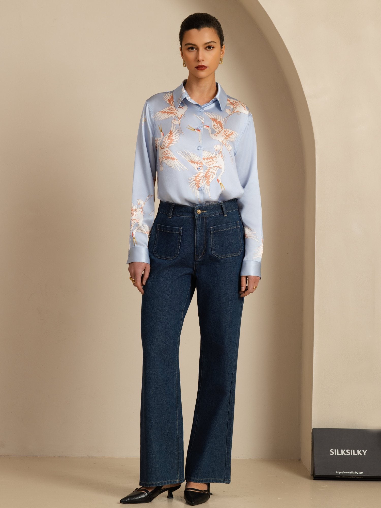 [Azul Claro] SilkSilky-ES 19Momme Manga larga Cuello con Solapa Blusas de Mujer 007