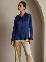 [Azul Oscuro] SilkSilky-ES Long Sleeve Lapel Collar Blusas de Mujer 001