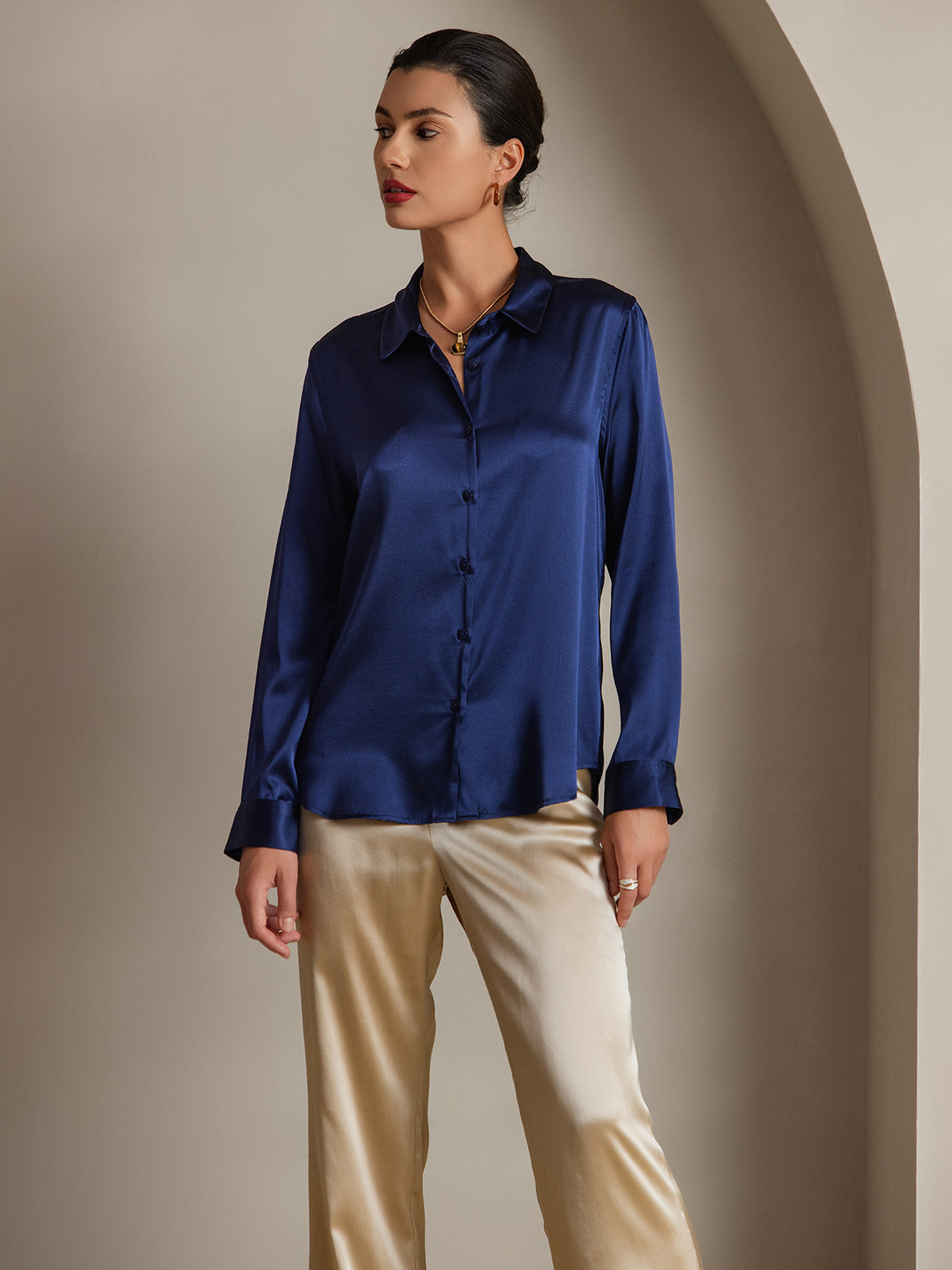 [Azul Oscuro] SilkSilky-ES 19Momme Manga larga Cuello con Solapa Blusas de Mujer 001