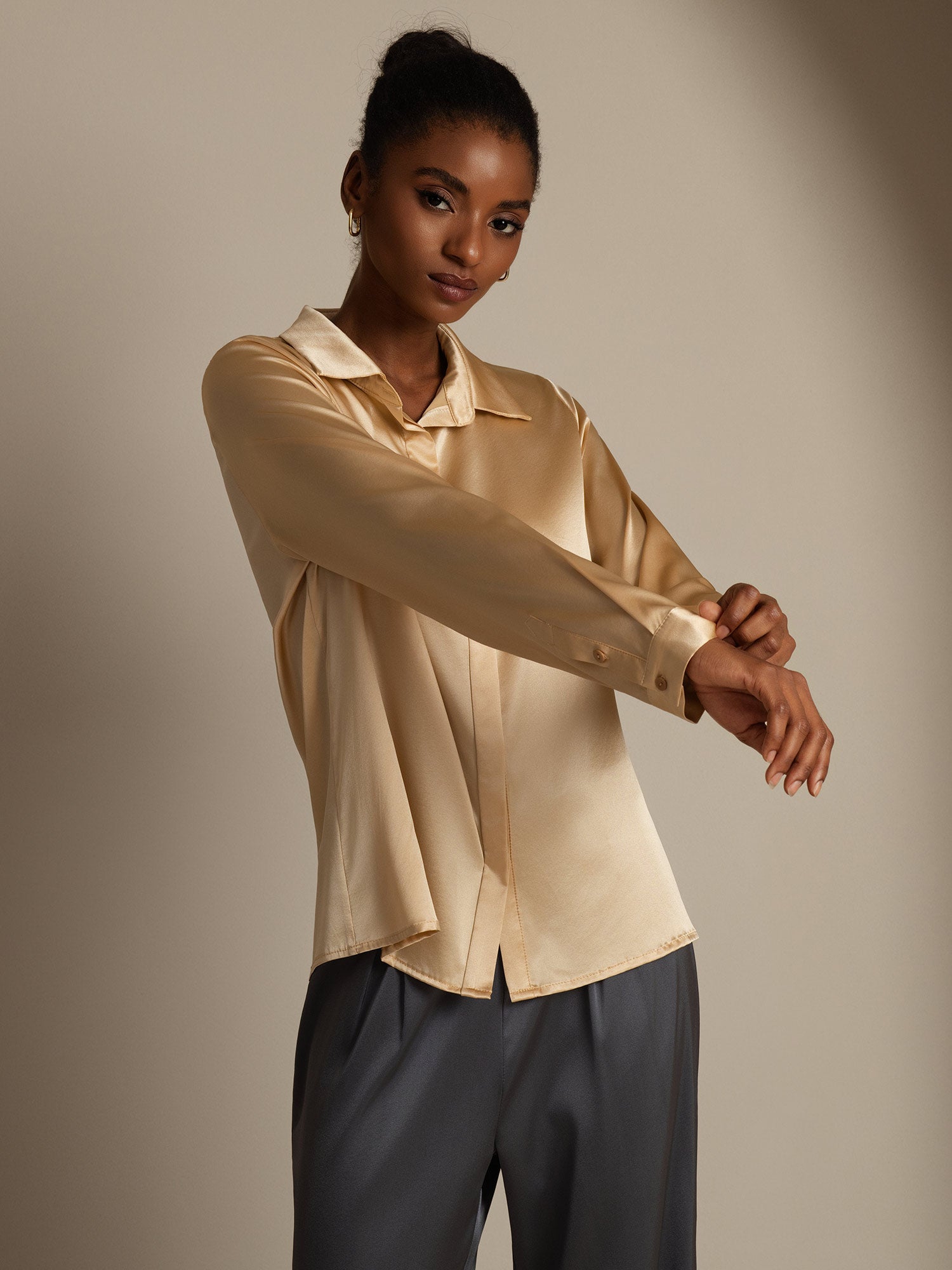 [Champán] SilkSilky-ES 19Momme Seda Cuello Camisero Blusas de Mujer 005