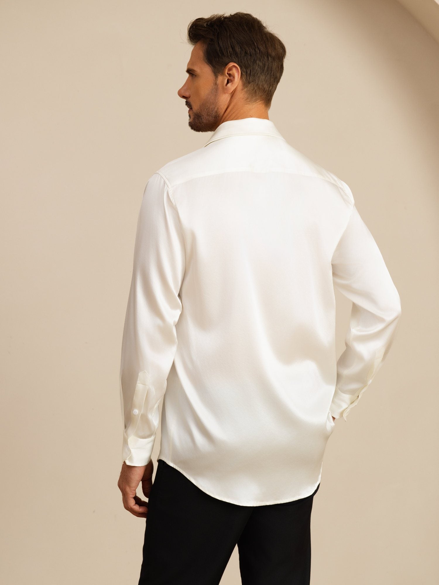 [Blanco] SilkSilky-ES 19Momme Manga larga Cuello con Solapa Camisa de hombre 002