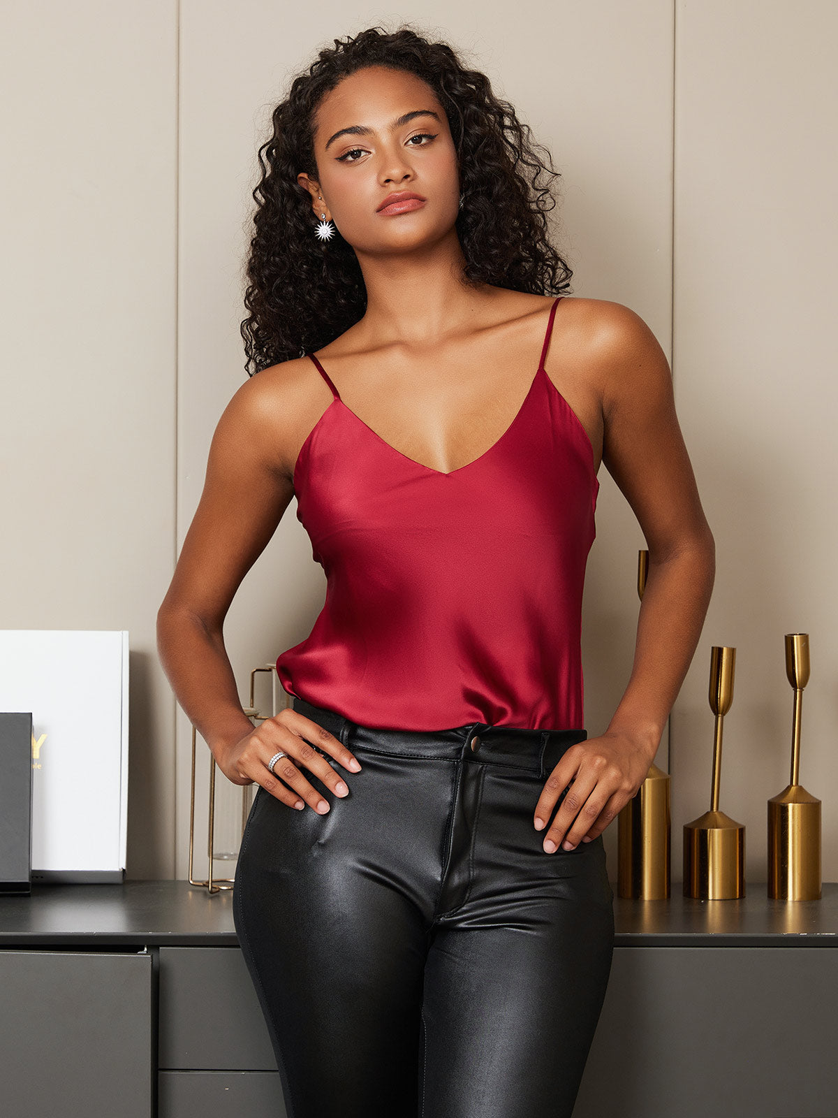 [Rojo Oscuro] SilkSilky-ES Seda Pura Sin mangas Cuello en V Top de tirantes 004