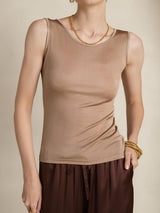 [Café] SilkSilky-ES Sin mangas Cuello Redondo Camisetas de Mujer 005