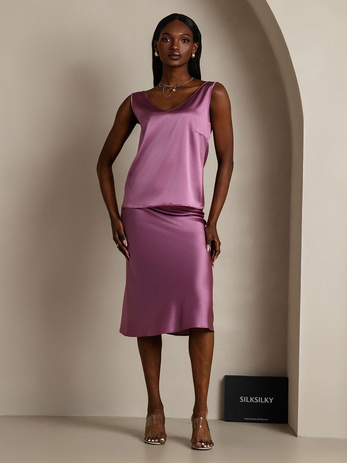 [Morado Oscuro] SilkSilky-ES 19Momme Seda Cuello en V Top de tirantes 005