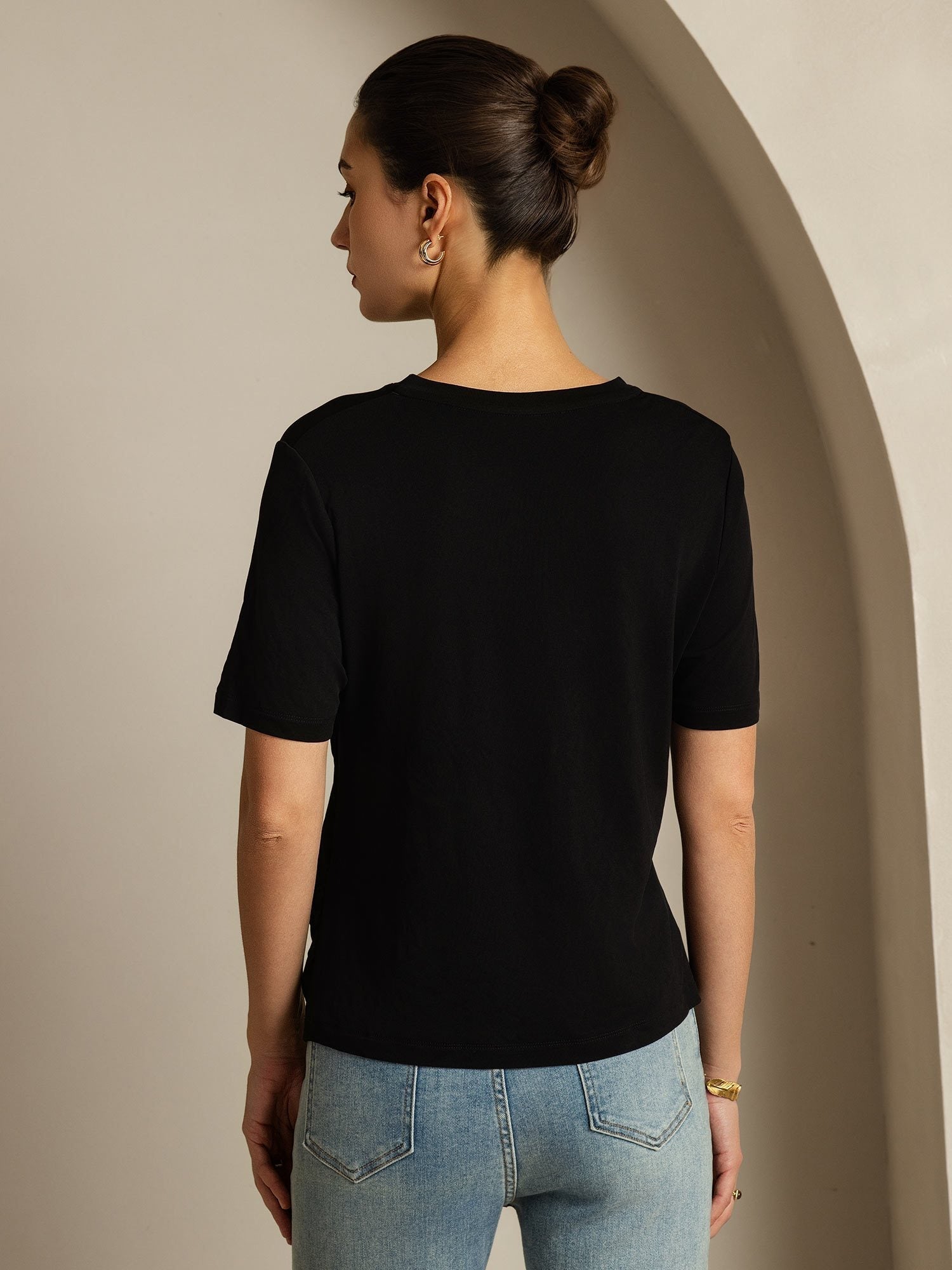 [Negro] SilkSilky-ES Manga corta Cuello en V Camisetas de Mujer 002