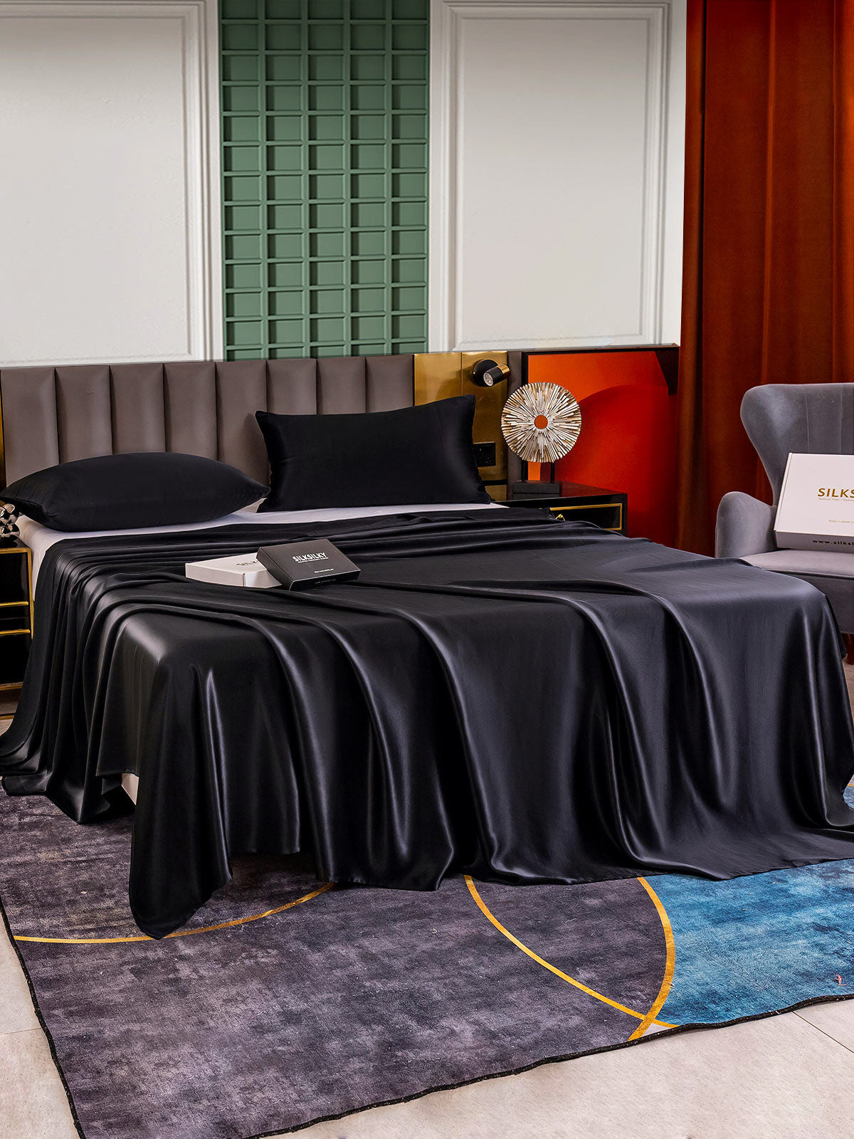 [Negro] SilkSilky-ES 25Momme Seda Pura Bedding Set 003