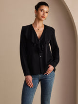 [Negro] SilkSilky-ES Long Sleeve Deep V Neck Blusas 001