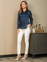 [Azul Oscuro] SilkSilky-ES Long Sleeve Lapel Collar Blusas de Mujer 006