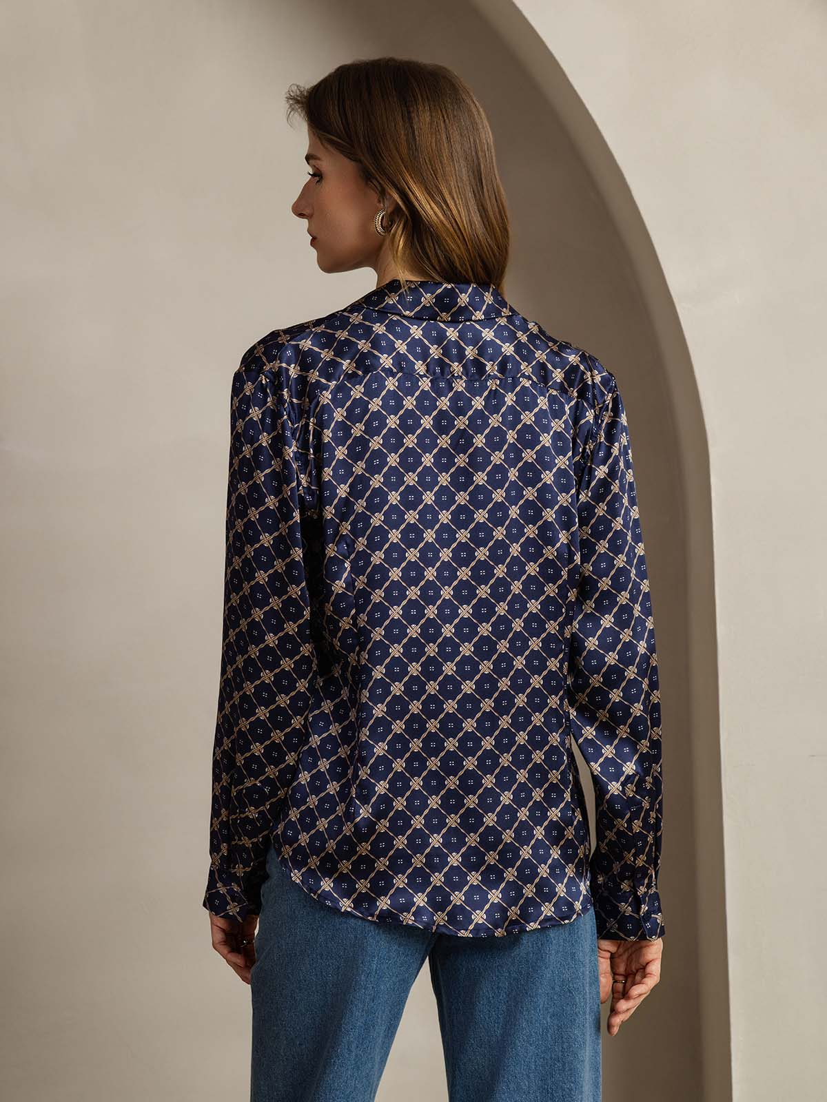 [Cadena Azul Marino] SilkSilky-ES Seda Lapel Collar Blusas de Mujer 002