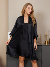 [Negro] SilkSilky-ES Manga francesa Cuello en V Conjunto de camisón y bata 001