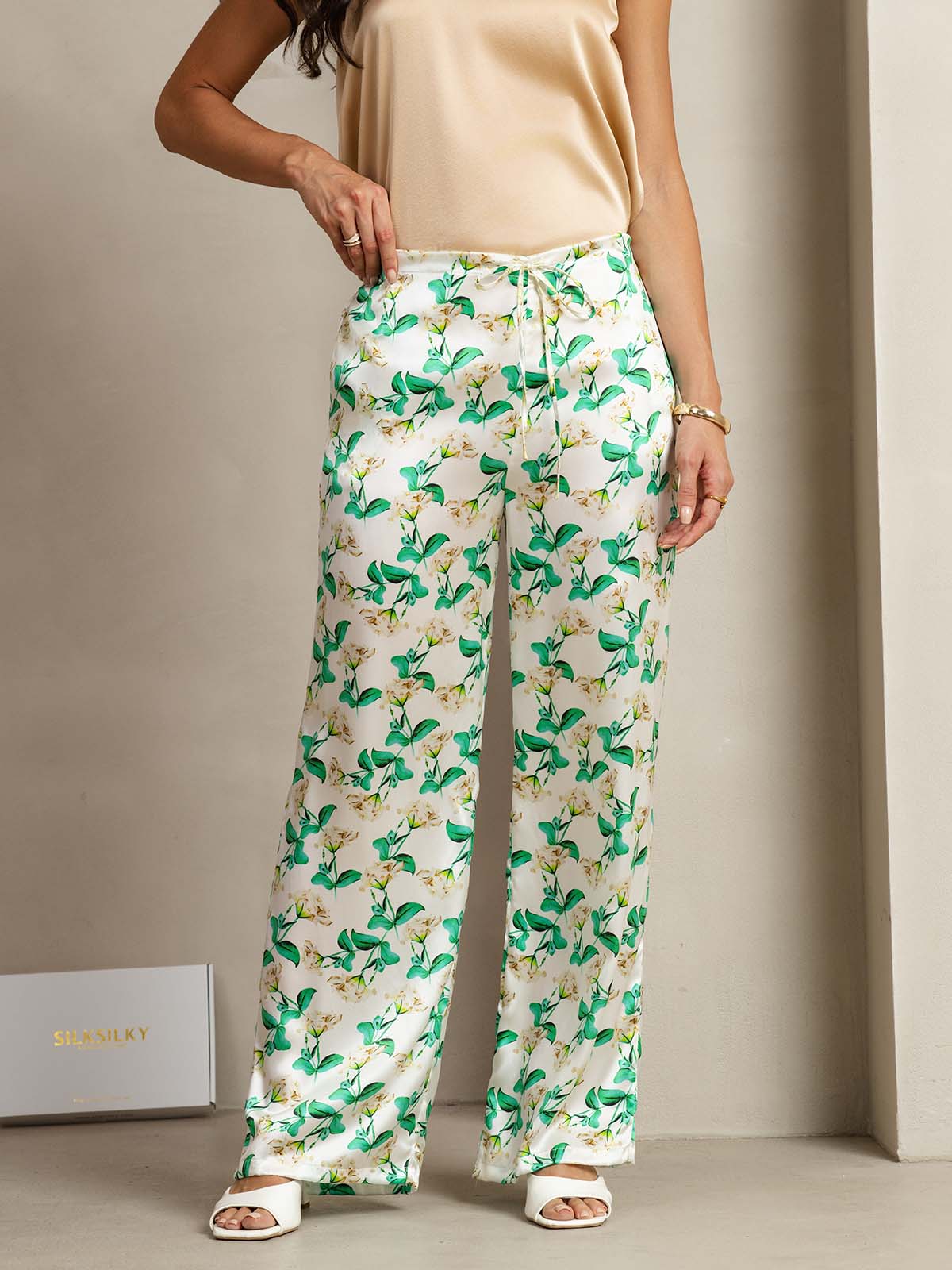 [Floral Verde] SilkSilky-ES 19Momme Seda Womens Pants 001