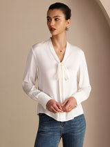 [Blanco] SilkSilky-ES Long Sleeve Tie Neck Blusas 004