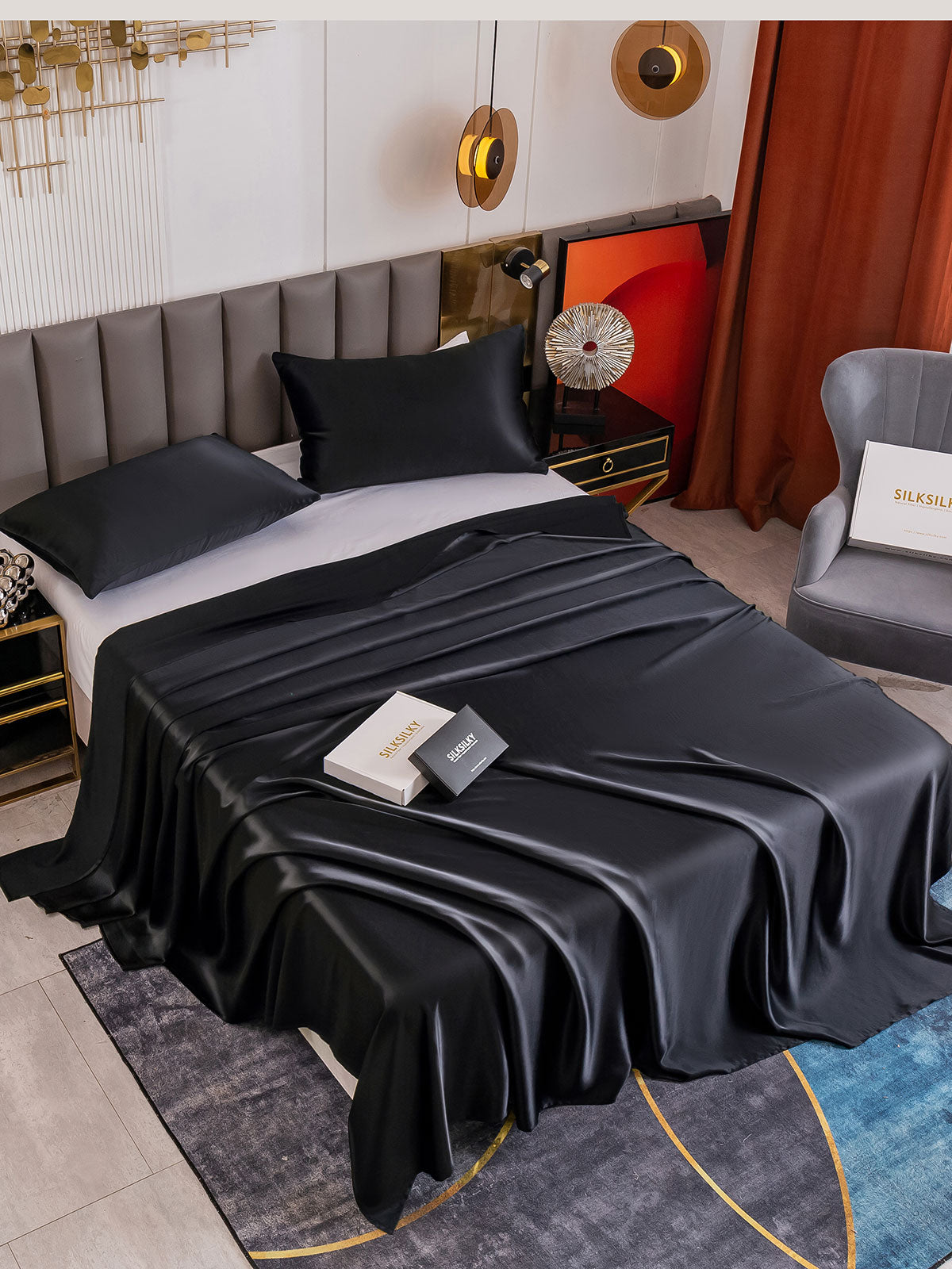 [Negro] SilkSilky-ES 19Momme Seda Pura Bedding Set 001