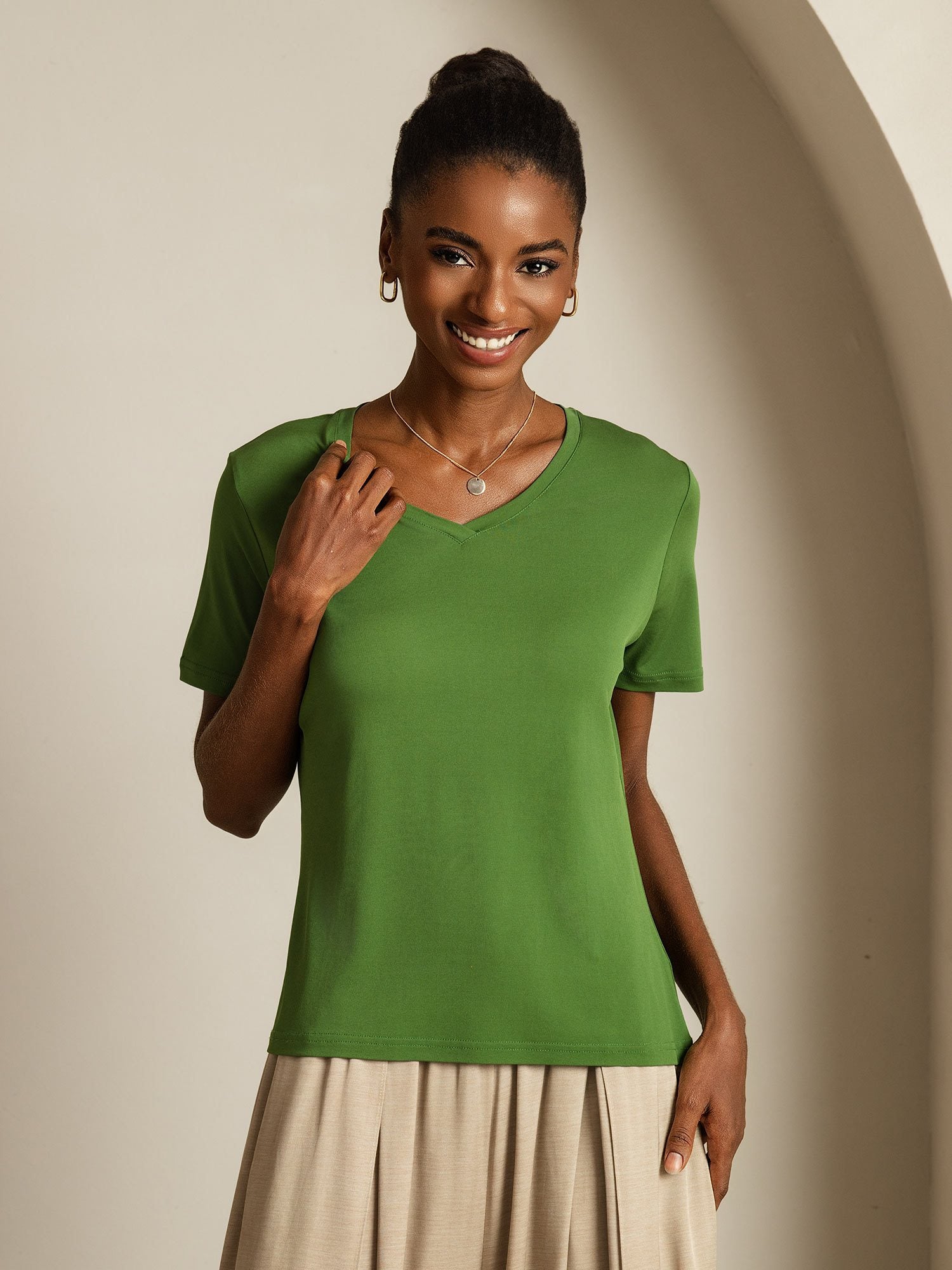 [Verde] SilkSilky-ES Seda Pura Cuello en V Camisetas de Mujer 005