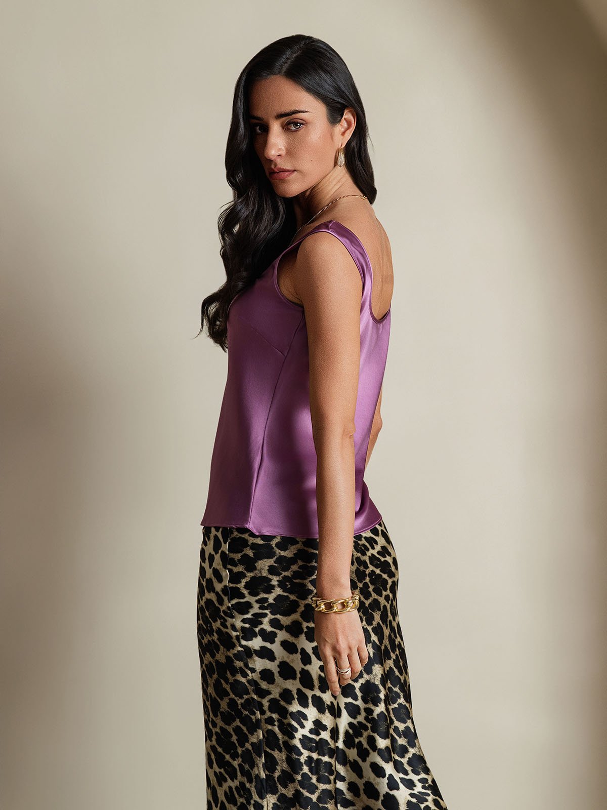 [Morado Oscuro] SilkSilky-ES 19Momme Seda Cuello en U Top de tirantes 002