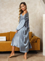 [Azul Grisáceo] SilkSilky-ES Long Sleeve V Neck Conjunto de camisón y bata 002