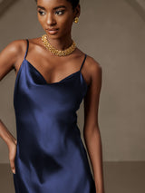 [Azul Oscuro] SilkSilky-ES Spalline Sottili Cuello Drapeado Vestido 007