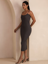 [Gris] SilkSilky-ES Spaghetti Strap Boat Neck Vestido 005