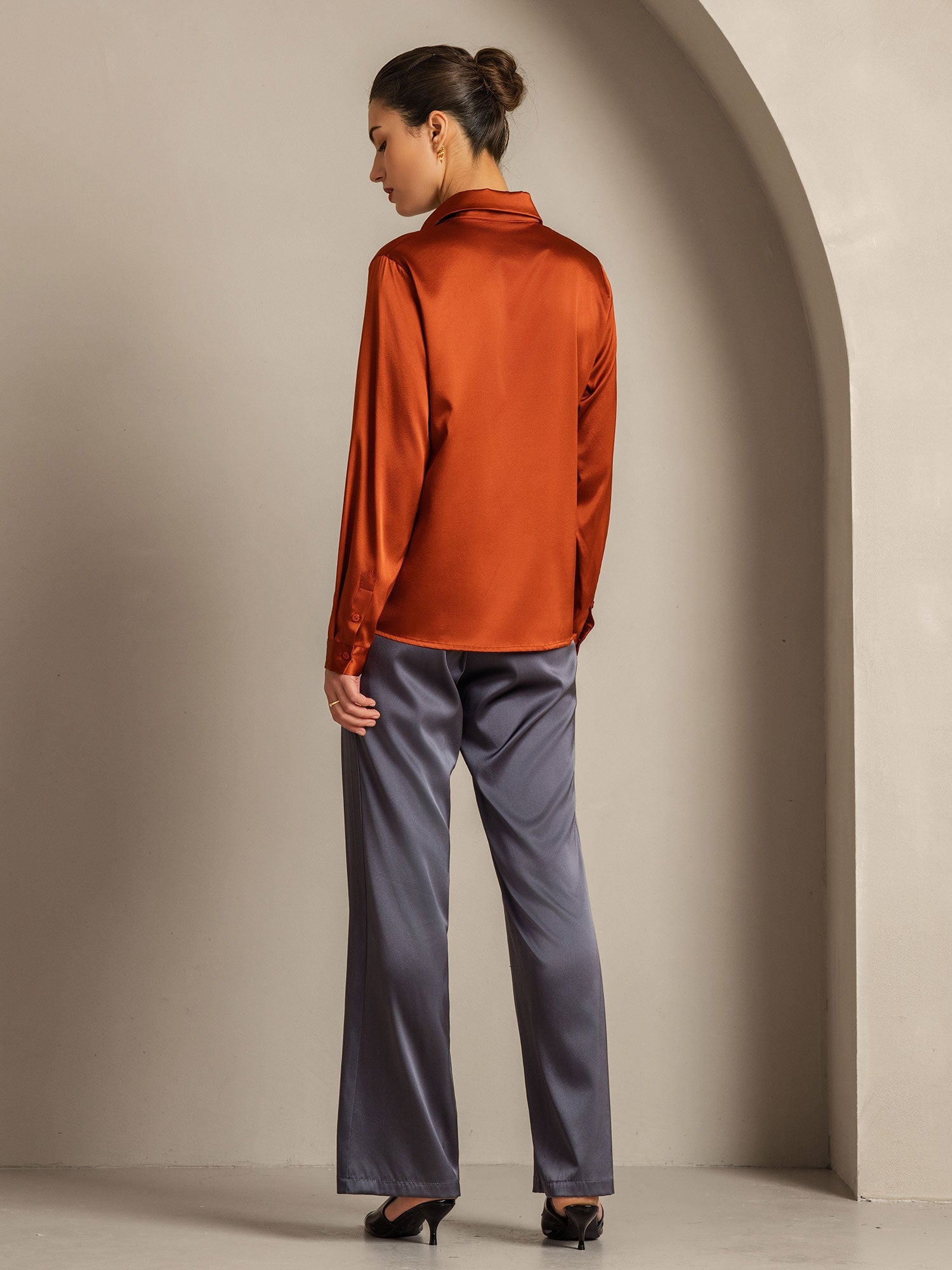 [Caramelo] SilkSilky-ES 19Momme Seda Manga larga Cuello Camisero Blusas de Mujer 010