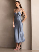 [Azul Grisáceo] SilkSilky-ES Spaghetti Strap V Neck Vestido 006