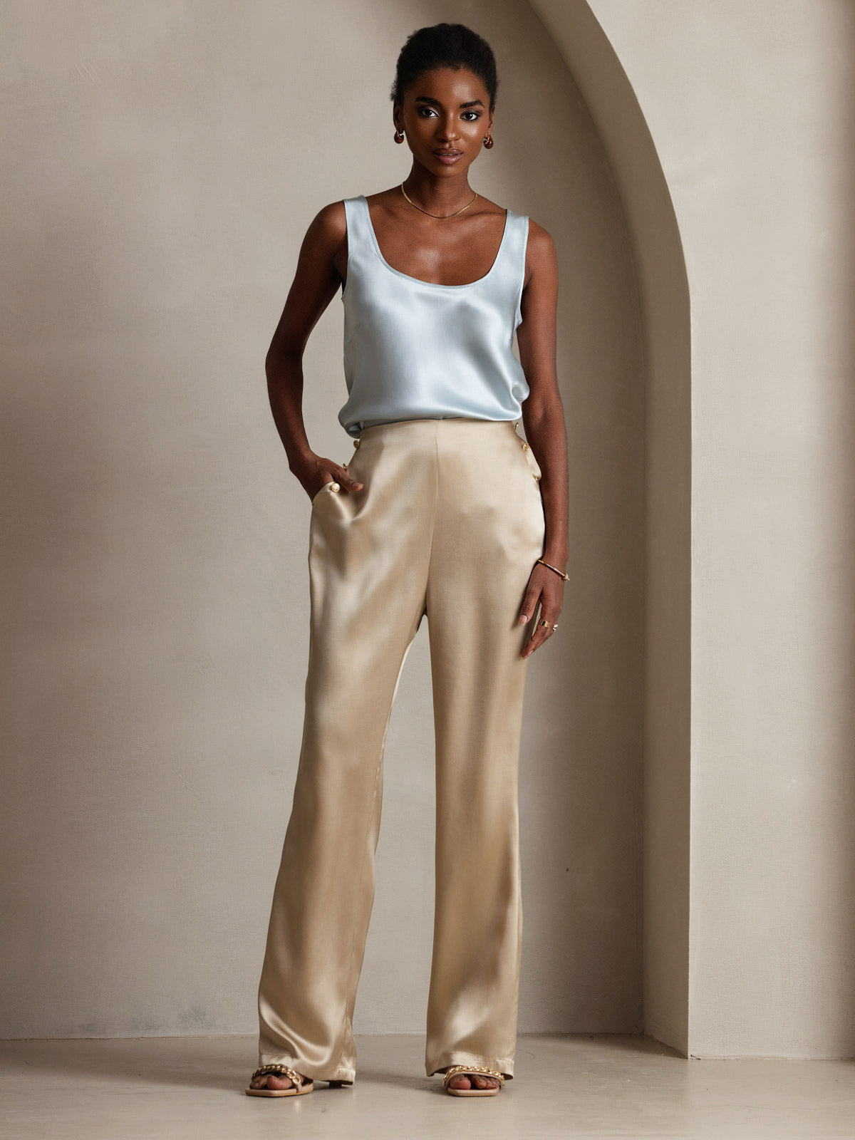 [Azul Claro] SilkSilky-ES 19Momme Seda Cuello en U Top de tirantes 005