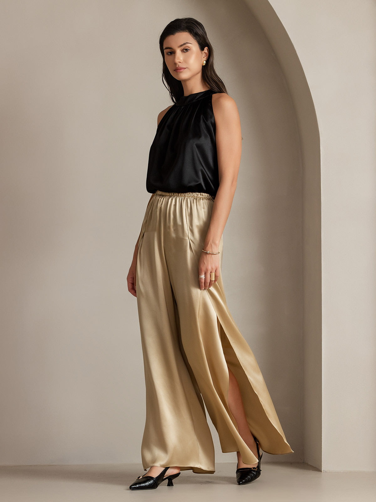 [Champán] SilkSilky-ES 19Momme Seda Split Pantalones de mujer 014