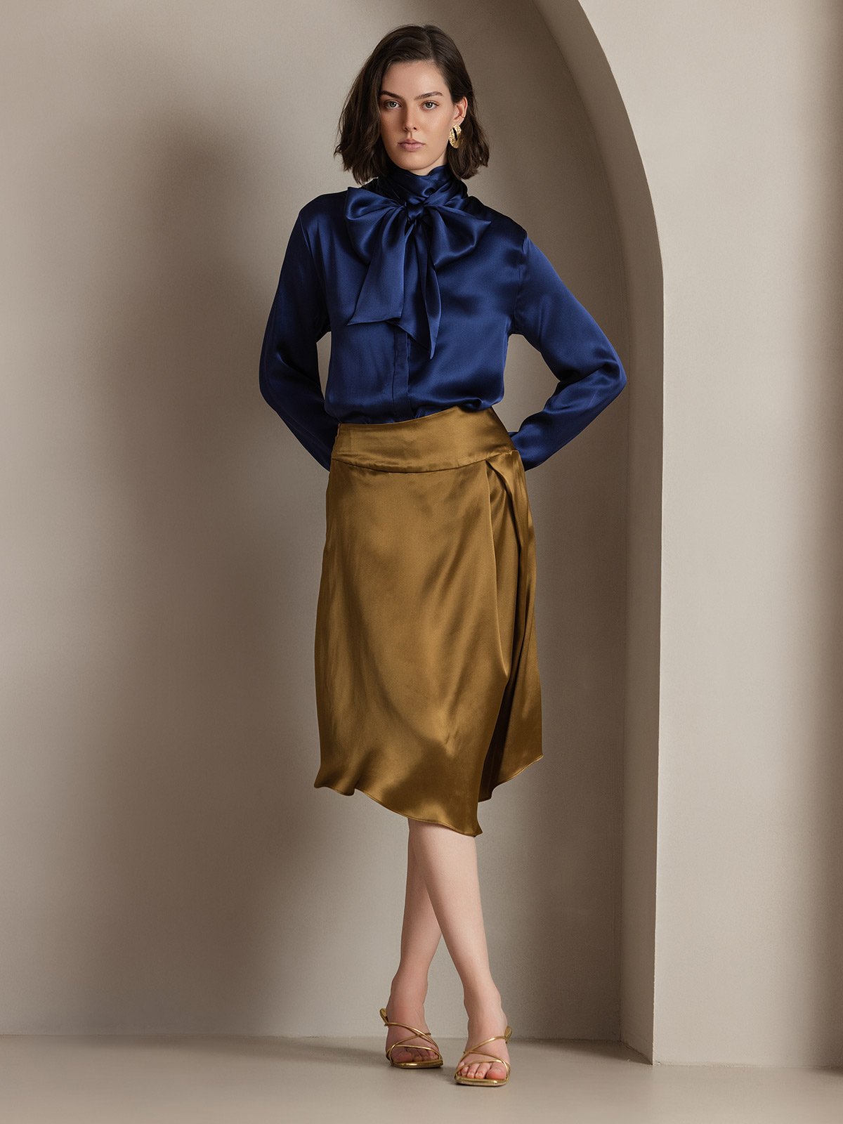[Azul Oscuro] SilkSilky-ES 19Momme Seda Manga larga Corbata Blusas de Mujer 005