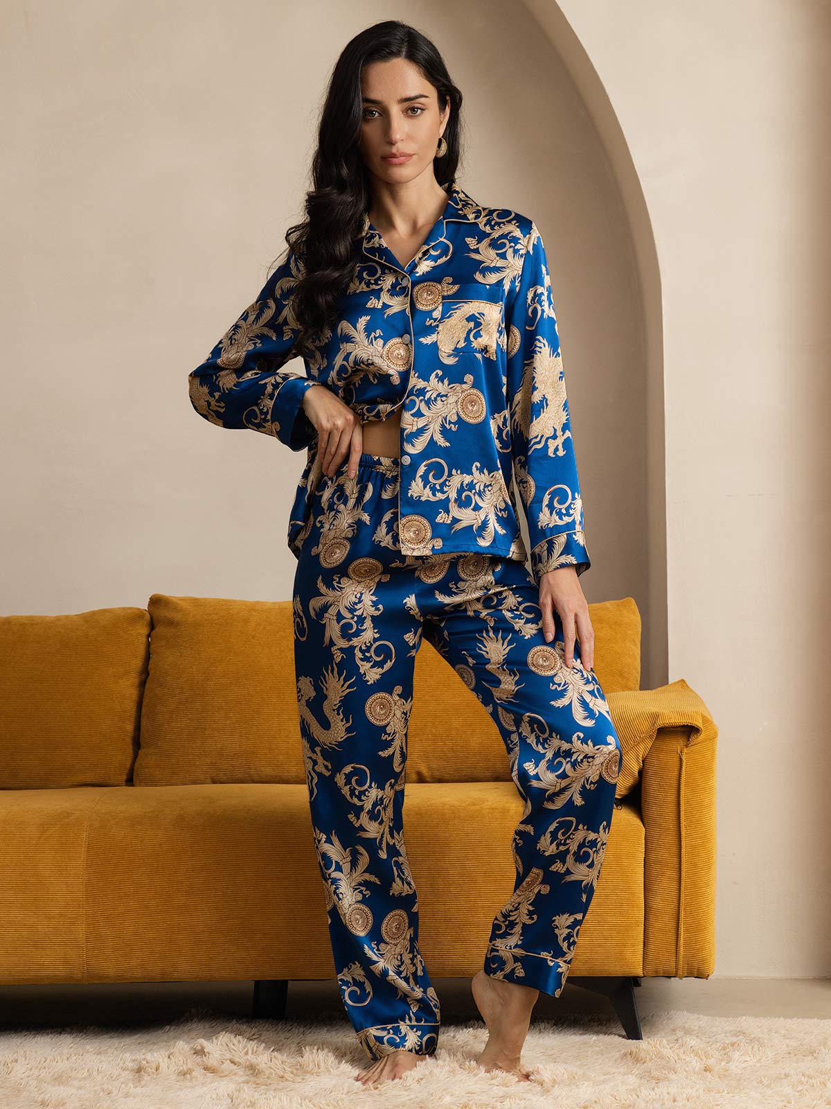 SilkSilky-ES Seda Pura Manga larga Solapa Pijamas de mujer Azul 004